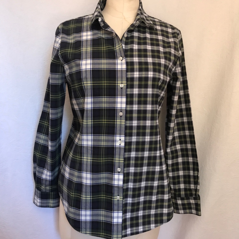 Brooks Brothers 14 navy plaid cotton blouse